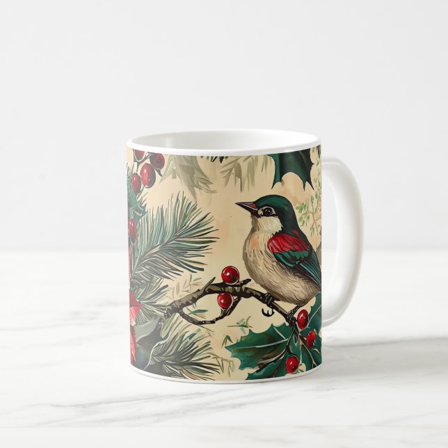 Rustic Bird and Poinsettia Christmas Pattern (13) Coffee Mug (Front Right)