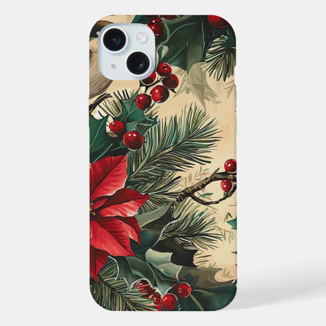 Rustic Bird and Poinsettia Christmas Pattern (13) iPhone Case (Back)
