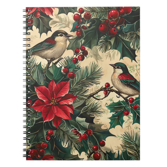 Rustic Bird and Poinsettia Christmas Pattern (13) Notebook (Front)