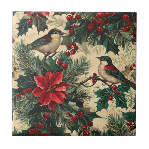 Rustic Bird and Poinsettia Christmas Pattern (13)  Tile