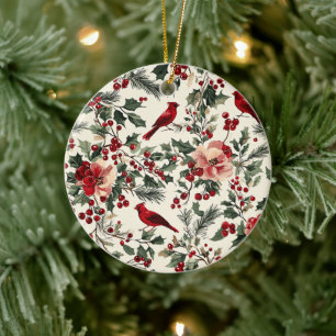 Rustic Bird and Poinsettia Christmas Pattern (14) Ceramic Ornament