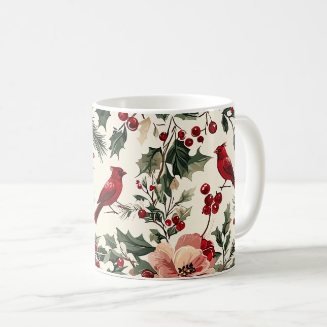 Rustic Bird and Poinsettia Christmas Pattern (14) Coffee Mug (Front Right)