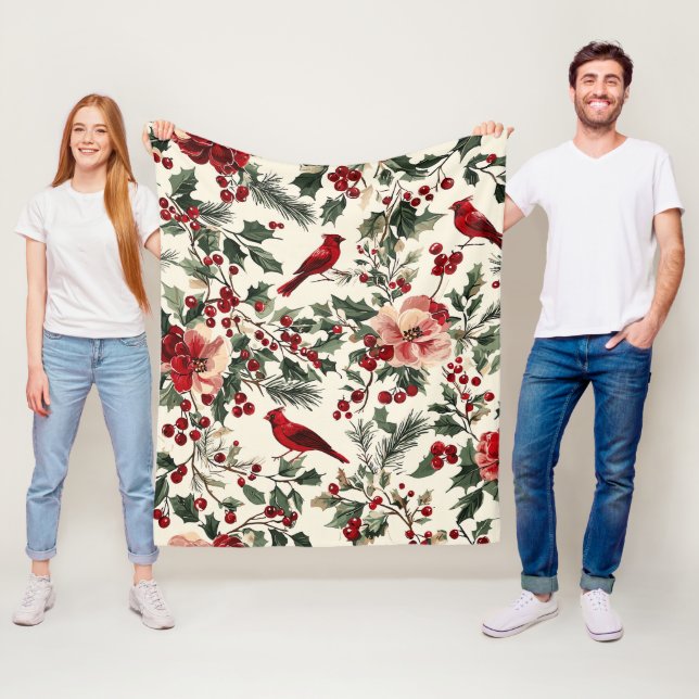 Rustic Bird and Poinsettia Christmas Pattern (14) Fleece Blanket (In Situ)