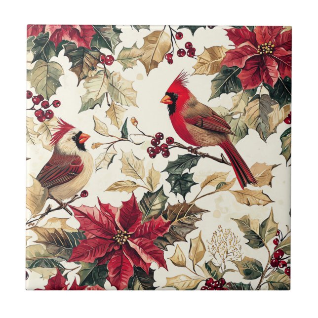 Rustic Bird and Poinsettia Christmas Pattern (15)  Tile (Front)
