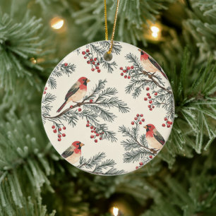 Rustic Bird and Poinsettia Christmas Pattern (16) Ceramic Ornament