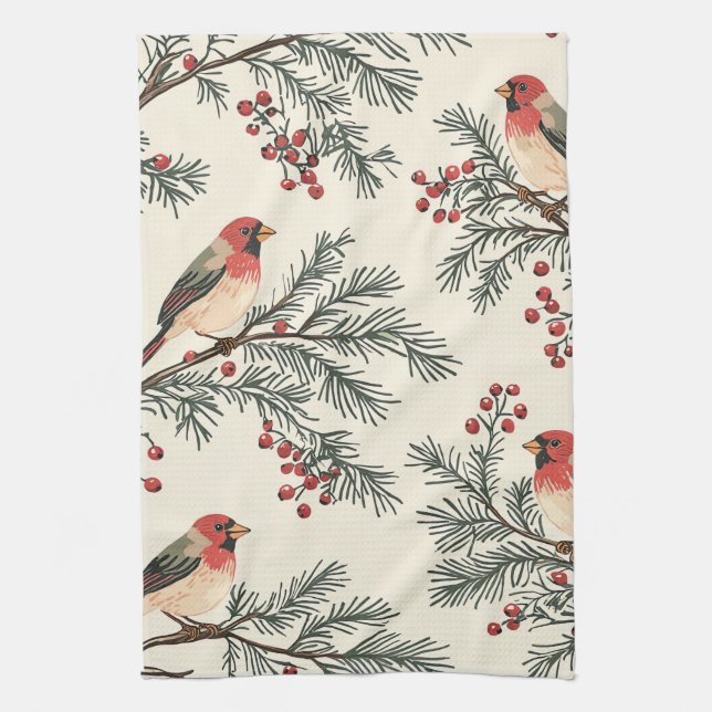 Rustic Bird and Poinsettia Christmas Pattern (16) Kitchen Towel (Vertical)