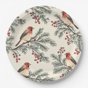Rustic Bird and Poinsettia Christmas Pattern (16) Paper Plate