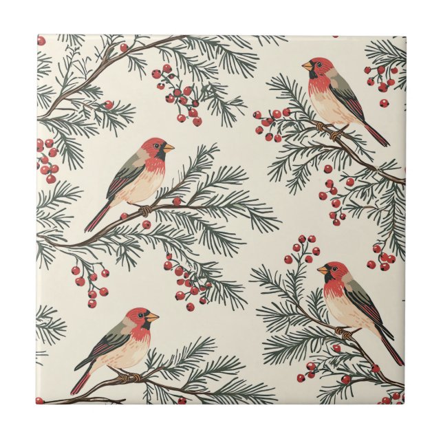 Rustic Bird and Poinsettia Christmas Pattern (16)  Tile (Front)