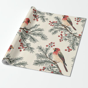 Rustic Bird and Poinsettia Christmas Pattern (16) Wrapping Paper