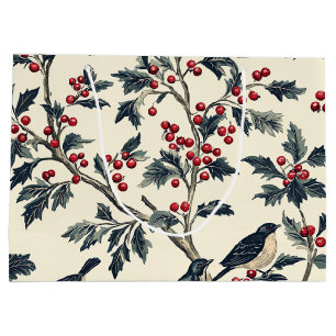 Rustic Bird and Poinsettia Christmas Pattern (18) Large Gift Bag