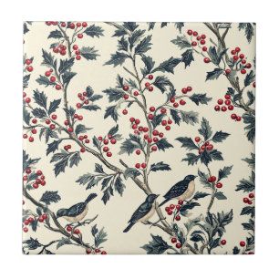Rustic Bird and Poinsettia Christmas Pattern (18)  Tile