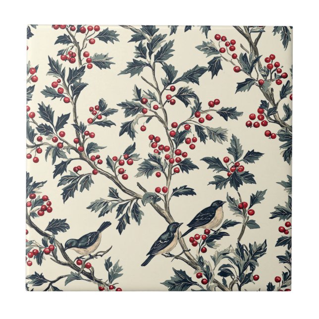Rustic Bird and Poinsettia Christmas Pattern (18)  Tile (Front)