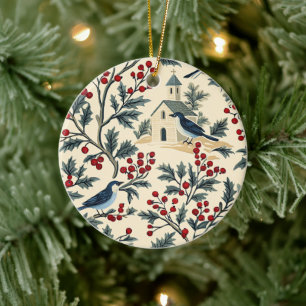Rustic Bird and Poinsettia Christmas Pattern (19) Ceramic Ornament