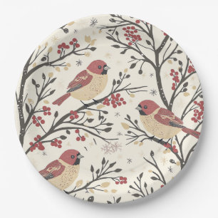 Rustic Bird and Poinsettia Christmas Pattern (1) Paper Plate