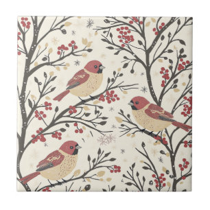 Rustic Bird and Poinsettia Christmas Pattern (1)  Tile