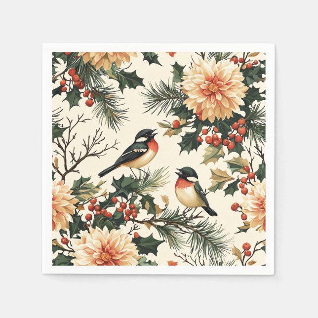 Rustic Bird and Poinsettia Christmas Pattern (21) Napkin (Front)