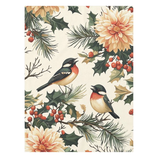 Rustic Bird and Poinsettia Christmas Pattern (21) Tablecloth (Front)