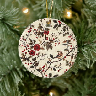 Rustic Bird and Poinsettia Christmas Pattern (22) Ceramic Ornament