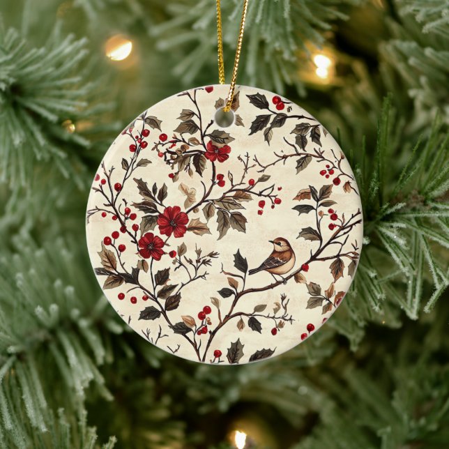 Rustic Bird and Poinsettia Christmas Pattern (22) Ceramic Ornament (Tree)