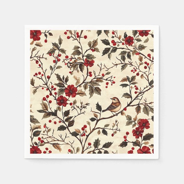 Rustic Bird and Poinsettia Christmas Pattern (22) Napkin (Front)