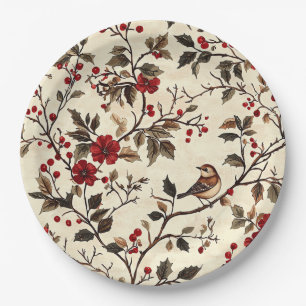 Rustic Bird and Poinsettia Christmas Pattern (22) Paper Plate