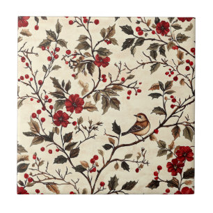 Rustic Bird and Poinsettia Christmas Pattern (22)  Tile