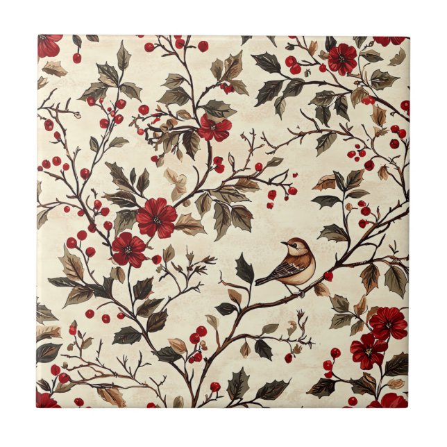 Rustic Bird and Poinsettia Christmas Pattern (22)  Tile (Front)