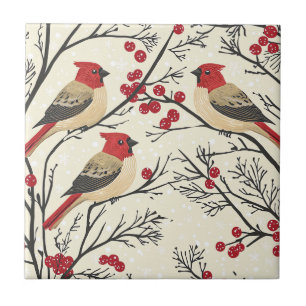 Rustic Bird and Poinsettia Christmas Pattern (3)  Tile