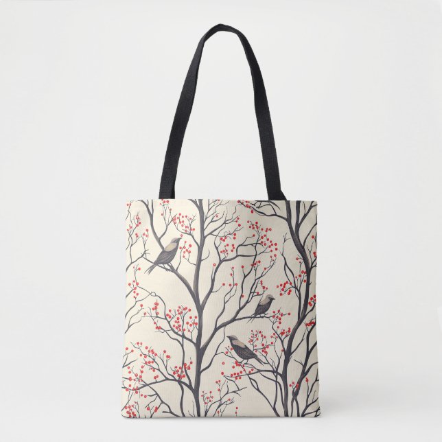 Rustic Bird and Poinsettia Christmas Pattern (4) Tote Bag (Front)