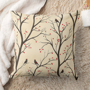Rustic Bird and Poinsettia Christmas Pattern (5) Throw Pillow