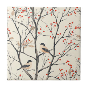 Rustic Bird and Poinsettia Christmas Pattern (6)  Tile