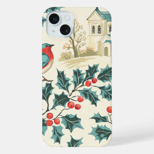 Rustic Bird and Poinsettia Christmas Pattern (7) iPhone 15 Plus Case