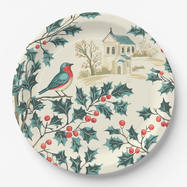 Rustic Bird and Poinsettia Christmas Pattern (7) Paper Plate (Front)