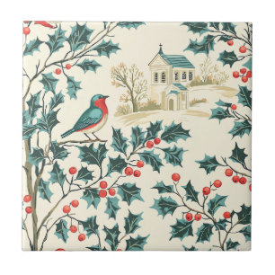 Rustic Bird and Poinsettia Christmas Pattern (7)  Tile