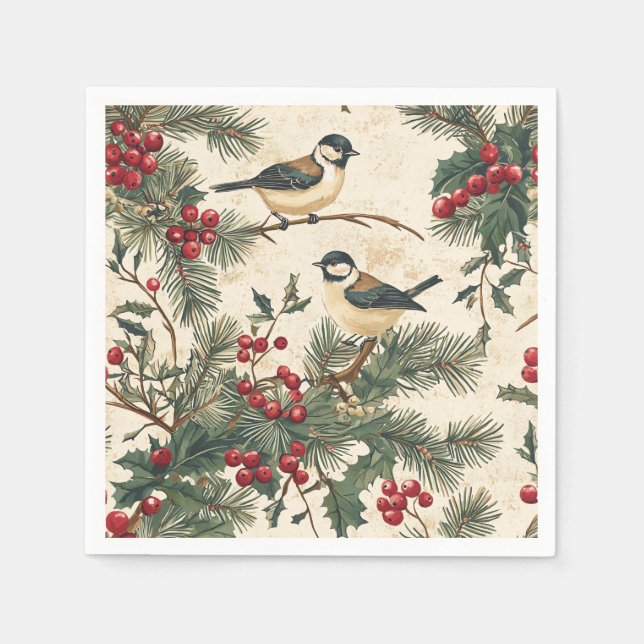 Rustic Bird and Poinsettia Christmas Pattern (8) Napkin (Front)