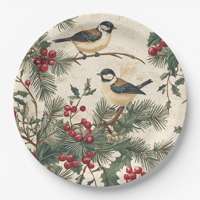 Rustic Bird and Poinsettia Christmas Pattern (8) Paper Plate (Front)