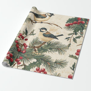 Rustic Bird and Poinsettia Christmas Pattern (8) Wrapping Paper
