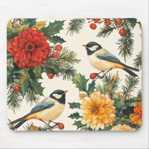 Rustic Bird and Poinsettia Christmas Pattern (9) Mouse Pad