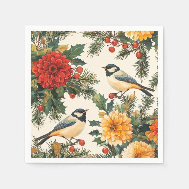 Rustic Bird and Poinsettia Christmas Pattern (9) Napkin (Front)