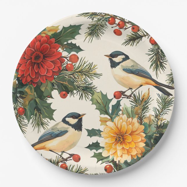 Rustic Bird and Poinsettia Christmas Pattern (9) Paper Plate (Front)