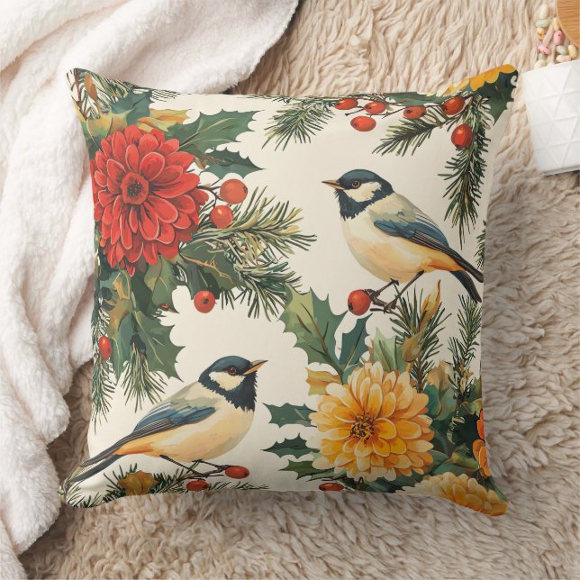 Rustic Bird and Poinsettia Christmas Pattern (9) Throw Pillow (Blanket)
