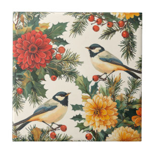 Rustic Bird and Poinsettia Christmas Pattern (9)  Tile