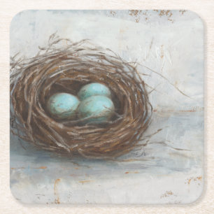 Rustic Bird Nest - Blue Square Paper Coaster