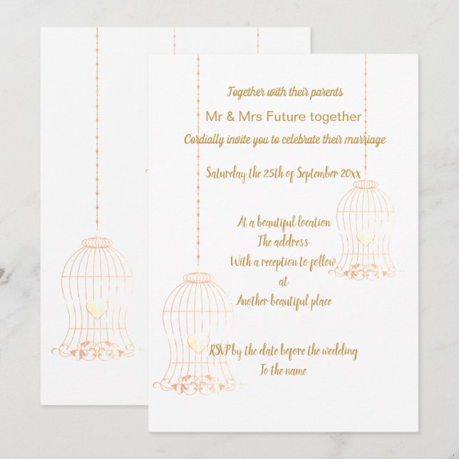 RUSTIC BIRDCAGE WHITE GOLD CHALKBOARD WEDDING INVITATION (Front/Back)