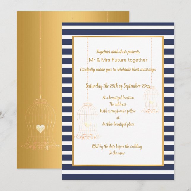 RUSTIC BIRDCAGE WHITE NAVY GOLD STRIPE 2 WEDDING INVITATION (Front/Back)