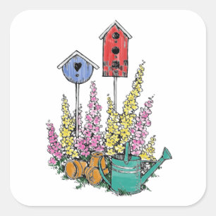 Rustic Birdhouse Garden Watercolor Sketch Square Sticker