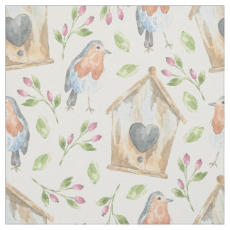 Rustic Birdhouse Robin Watercolor Pattern Fabric