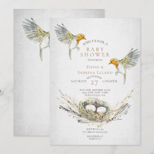 Rustic Birds and Nest Watercolor Twins Baby Shower Invitation