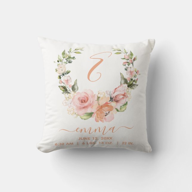 Rustic Birth Stats Peach Coral Rose Floral Wreath Throw Pillow (Front)