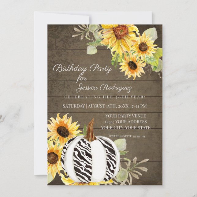 Rustic Birthday Party Floral Fall Zebra Pumpkin Invitation (Front)